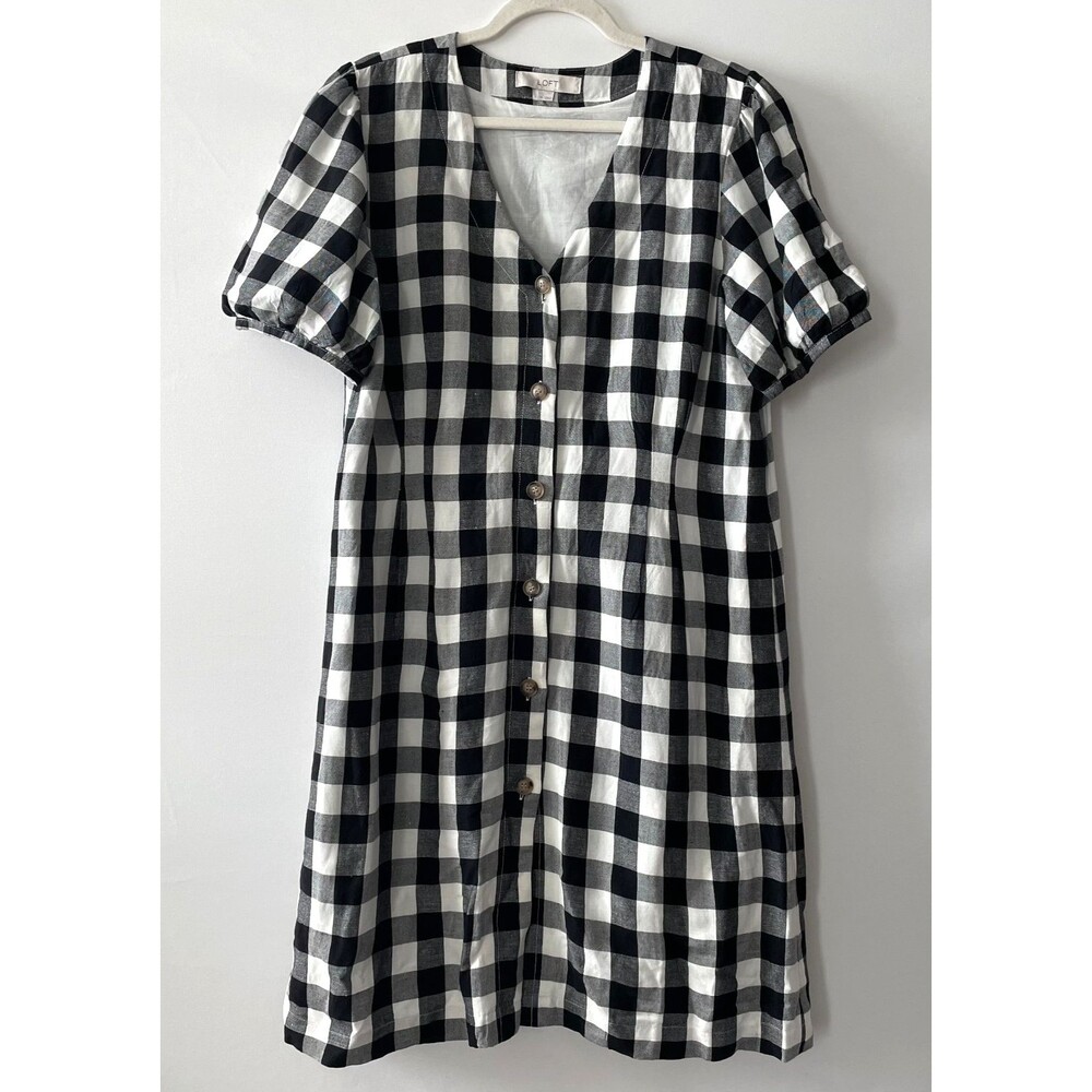 LOFT Dress Womens 14 Black White Gingham Linen Blend Puff Sleeve V Neck Button
